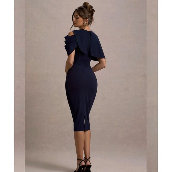 NWT Club L London Navy Draped Midi Dress With Cape | Size US 4 - Picture 4 of 8